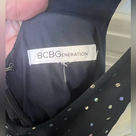 BCBGeneration navy blue ruched dress metallic polka dots size 2 - Picture 5 of 6